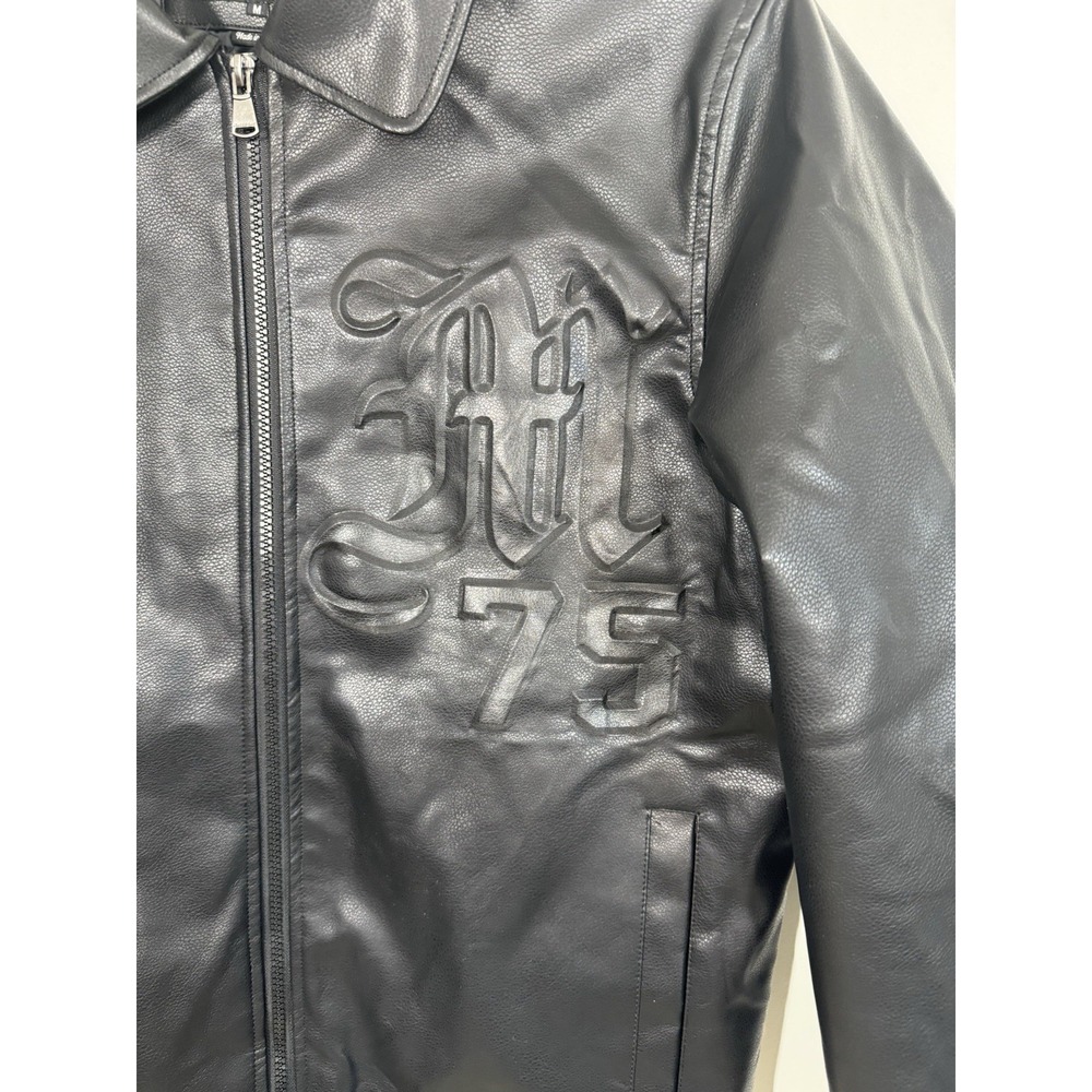 Members Only Mens Black Faux Leather Embossed Varsity Jacket Size M Lined Sporty - Picture 4 of 13